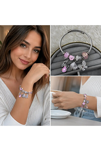 Bozhi Pink Butterfly and Seashell Accessory Detailed Silver Color Women's Ste...