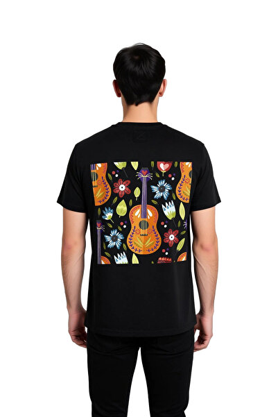 PayBuy Men's Music Themed Guitar Printed T-Shirt Floral Motif Art Patterned R...