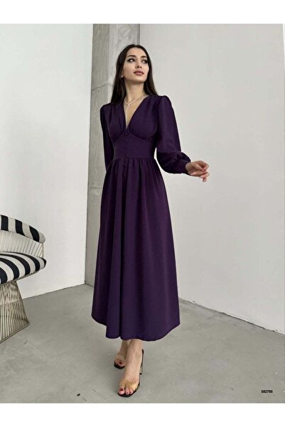 Modafeminen V-Neck Button Detailed Waist-Fitted Purple Long Dress 582785