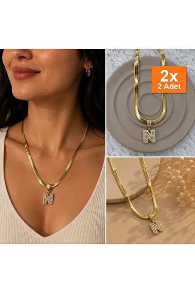 Bozhi Zircon Stone N Letter End Snake Chain Gold Color Necklace Steel Stylish