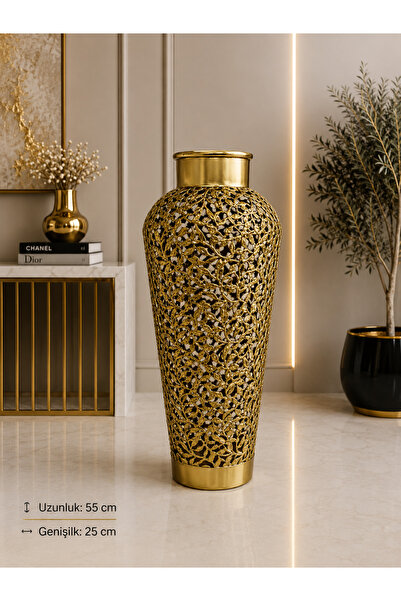 Hinora Decorative Metal Floor Vase 55 cm Gold Openwork Leaf Patterned Large S...