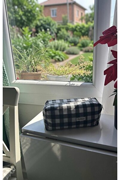 perlina home Makyaj Çantası Ekoseli Büyük Kare Gri Büyük Boy