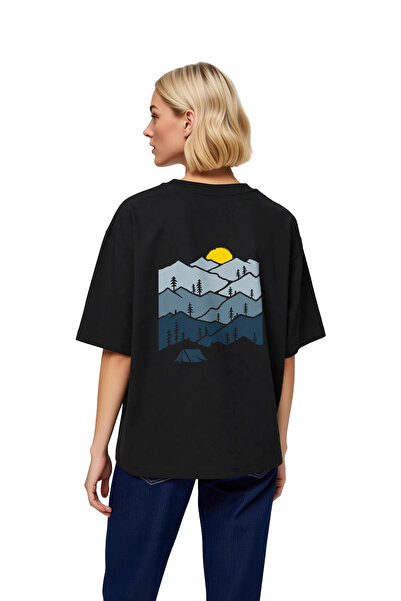 PayBuy Women's Oversize T-Shirt Layered Mountain Silhouette Camping Tent Pine...