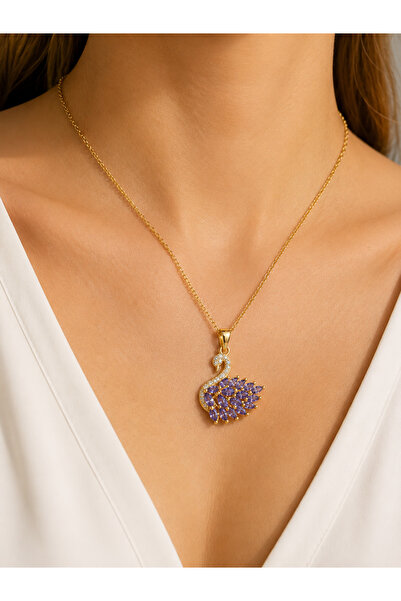 SY AKSESUAR Steel Swan Necklace with Purple Zircon Stone Gold Color 316L Tarn...