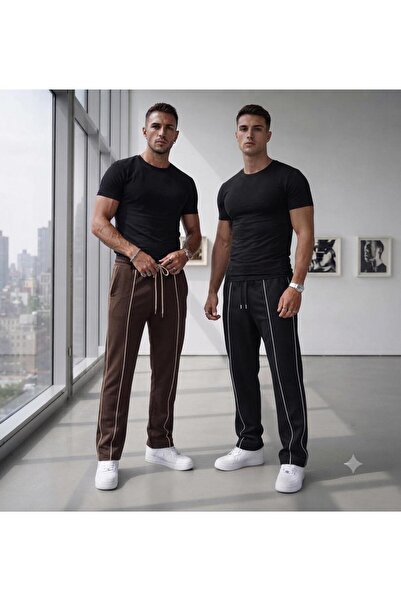 CAST COLLECTİON Men's Black-Brown Lisbon Double Ribbed 2-Piece Sweatpants