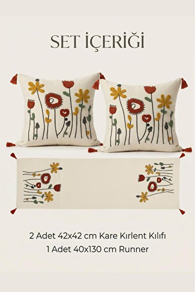 Genel Markalar Buldan Natura- Gelincik Punch Nakışlı Dekoratif 2 Kare 1 Dikdö...