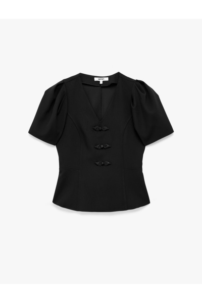 Koton Slim Fit V Yaka Balon Kollu Süs Düğme Detaylı Peplum Bluz