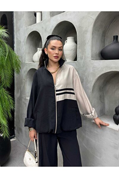 Leyal moda طقم نسائي مكون من قطعتين بتفاصيل شريطية وسحاب من كاسول