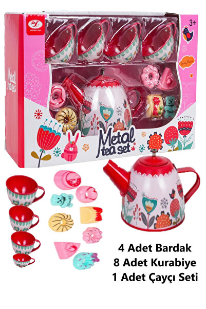 Ztoys Metal Çay Seti 4 Bardak 8 Kurabıye 1 Demlik Desenli Yeni Nesil Çay Takımı