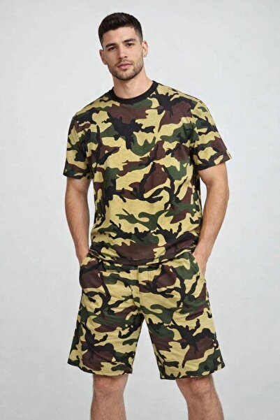 VELİZADE Men's Comfortable Fit Camouflage Patterned T-Shirt Above Knee Shorts...