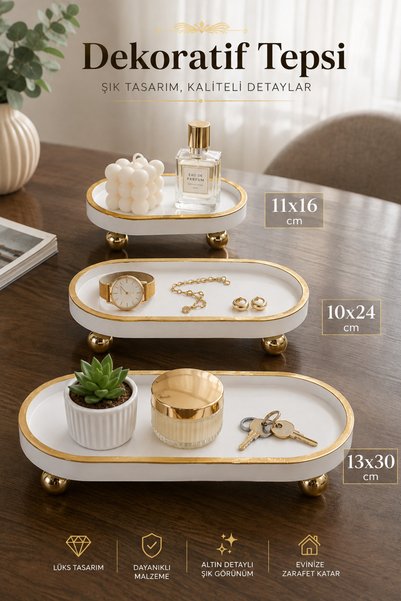 lufen deco Marble Patterned White 3-Piece Decorative Tray Set with Gold Legs Presentation and Organizer Tray