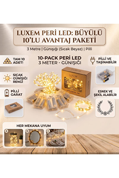 Massaltay Peri LED Işık 3 Metre Gün Işığı 10'lu Dekoratif LED Tel Işık Parti, Düğün, Kına, Nikah, Oda ve Masa Süsleme