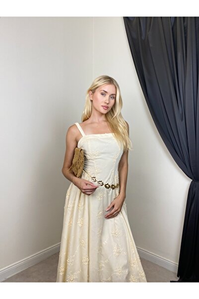 Clothes Fast Women's Beige Strappy Square Neck Embroidered Midi A-Line Woven ...