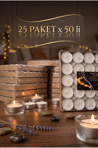 Massaltay Tea Light Mum 25'li x 50 Paket (1250 Adet) Beyaz Dekoratif Tealight Mum Kına, Düğün, Nişan, Nikah, Parti ve Ev Dekorasyonu
