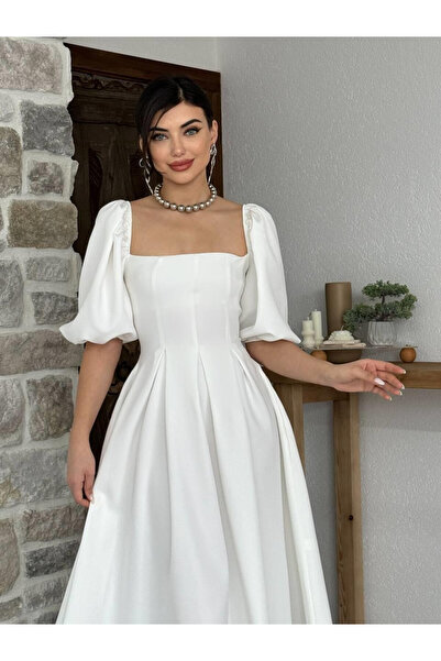 Moda Days Women's Ecru Midi Dress Square Neck Balloon Sleeves Pleated A-Line ...