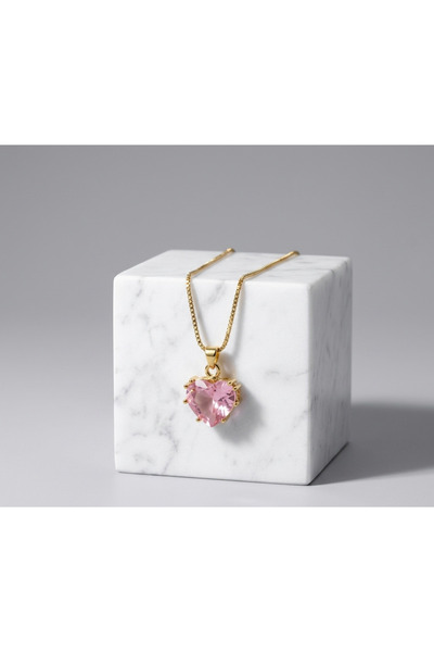 Prizma Concept Cadis Jewelry Women's Gold Color Faceted Cut Pink Quartz Heart Stone Thin Cube Chain Necklace (Valentine's Day & Special Occasion Gift)