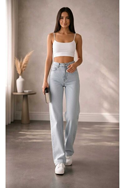 BROSERER Denver Ice Blue High Waist Wide Leg Women's Loose Jeans Palazzo Trou...