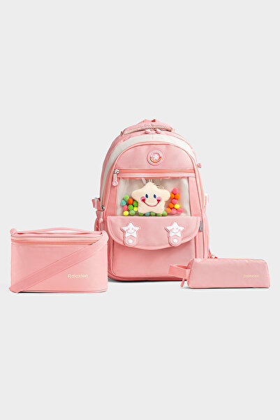 By Hakan 1940 Triple Set Primary School Bag with Pen Holder and Lunch Bag Pink