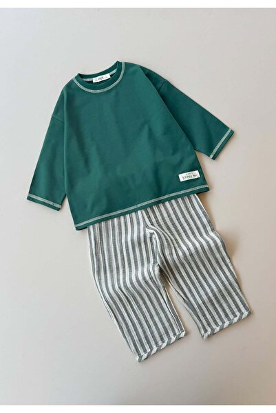 Cigit Oversize Muslin Trouser Suit 2-10 Years Green Thick Striped