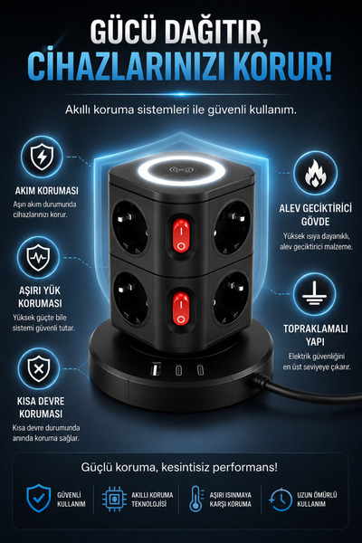 Merwish Akım Korumalı Kule Priz, 3680W 16A, 8 Topraklamalı AC Priz, 1 USB-A, 2 Type-C, Üst LED Aydınlatmalı Masaüstü Çoklu Priz