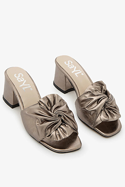 SAYL Platinum Genuine Leather Women's Heeled Slippers with Bow Detail