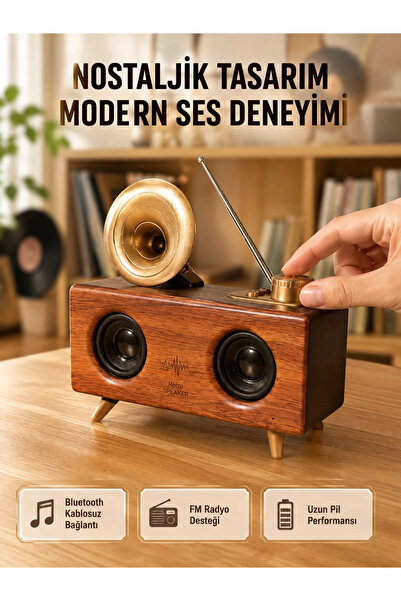 GHN Nostaljik Gramofon Bluetooth Hoparlör – FM Radyo + USB + SD Kart Destekli