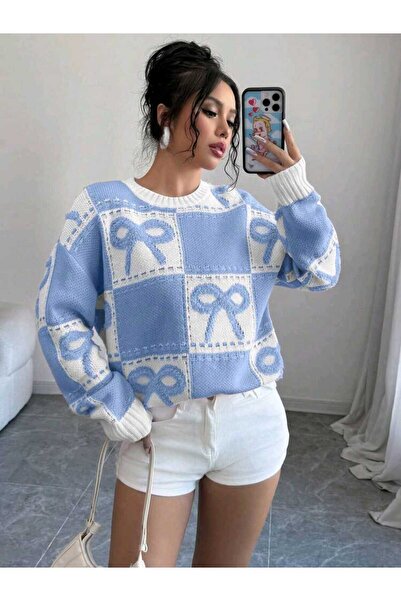 BELLA SİGNORA Oversized Women's Knitwear Sweater with Baklava Bow Pattern