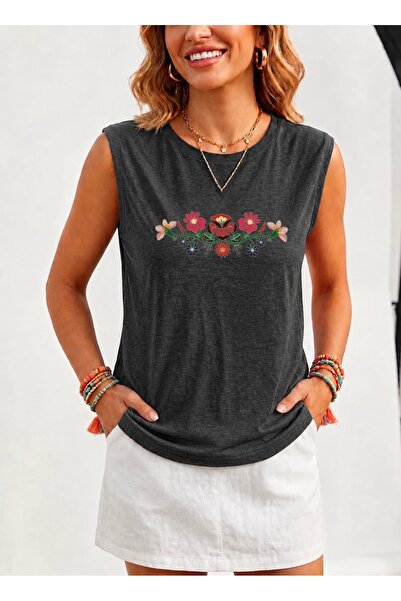 FUFLUNS Patterned Flowers Women's Regular Fit Crew Neck Sports Sleeveless T-S...