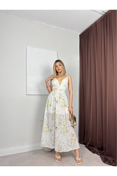 Clothes Fast Women's Yellow Floral Patterned Rope Strap V-Neck Waist Gathered...