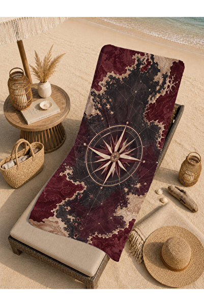 Evmila Vintage Claret Red Compass Rose Sailor Map Patterned 70x150 Πετσέτα Πα...