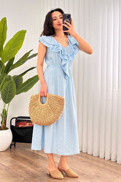 Moda Days Women's Baby Blue Midi V-Neck Ruffle Detailed Woven Dress with Elas...