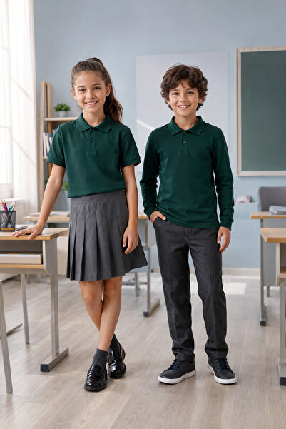 QKK Children's Unisex Dark Green 2-Piece Polo Collar School T-Shirt Set Short...