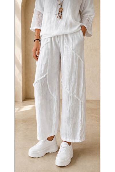 MARWARİ OTANTİK BUTİK Double Pocket Mesh Detailed Women's Linen Trousers 38-48