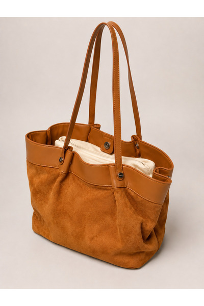 Luminos Butik Women's Tan Suede Look Double Strap Large Tote Shoulder Bag Cnt418