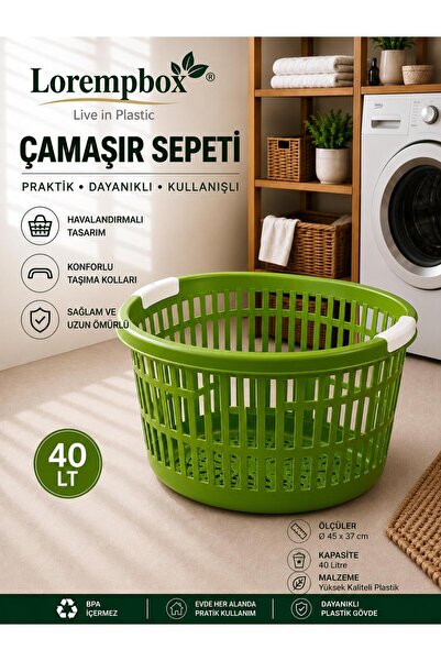 LOREMPBOX 40 LT Yuvarlak Çamaşır Sepeti | Havalandırmalı Plastik Kirli Çamaşı...
