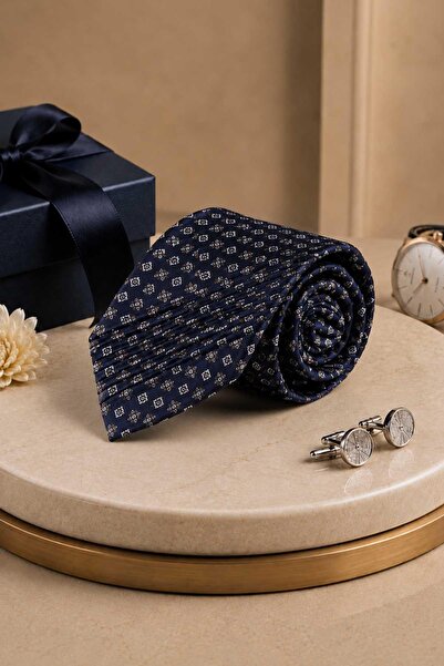 Kravatkolik Navy Blue Small Pattern Italian Silk Pleated Tie Est236
