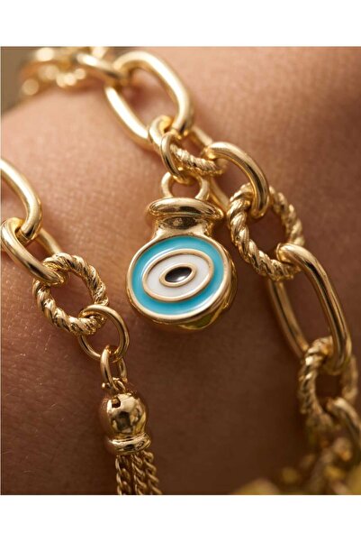 Mum Aşkı Gold Doç Chain Bracelet with Evil Eye Beads