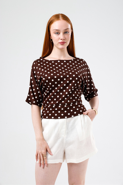 Madame QAN's Polka Dot Waist-Fitted Short Sleeve Premium Blouse