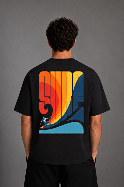 VSRN Surfer Man Design Back Printed Black Oversize t Shirt