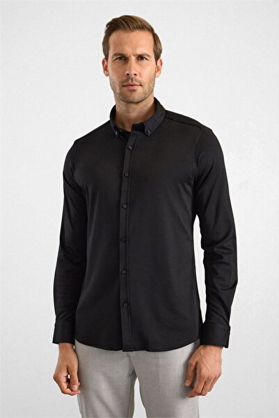 SÜVARİ Siyah Slim Düğmeli Yaka Manşetli Casual Gömlek