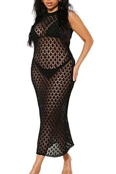 YouKD Women's Knit Vest Long Dress Crochet Robes V Neck Elegant Cover Up Dress