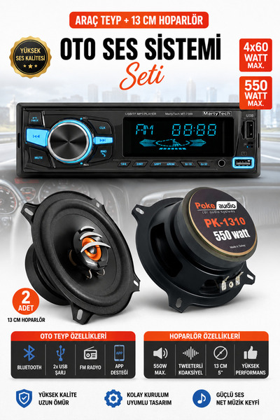 poke audio Oto Teyp + 13 Cm Hoparlör Seti Bluetooth USB FM Radyo 4x60W 550W 2...