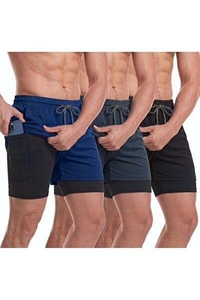 Sureio 3 Pcs Men's 2 in 1 Workout Running Shorts Athletic Gym Shorts with Lin...