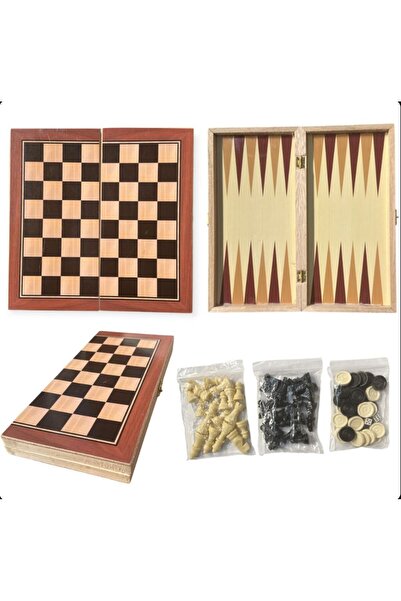 OEM Tabla de șah din lemn 3 în 1, 40x40cm, pliabilă, set piese sah și table