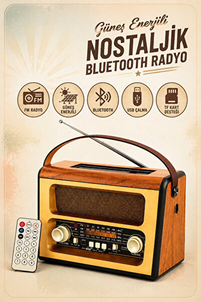 Abbruch Nostaljik Güneş Enerjili Bluetooth Hoparlör – FM Radyo, USB, TF Kart ...