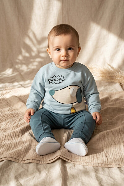 Babydonat Pawsy Cotton Dog Figured 2-Piece Baby Set - Cotton Mint Green Sweat...