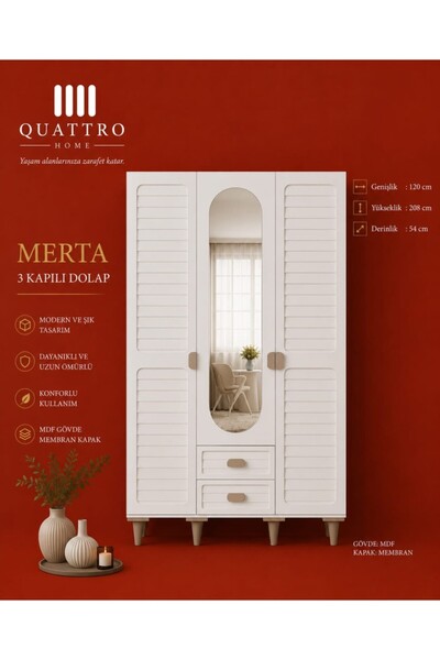 QUATTRO HOME Merta 3 Kapılı Aynalı Gardırop MDF Gövde Membran Kapak Modern El...