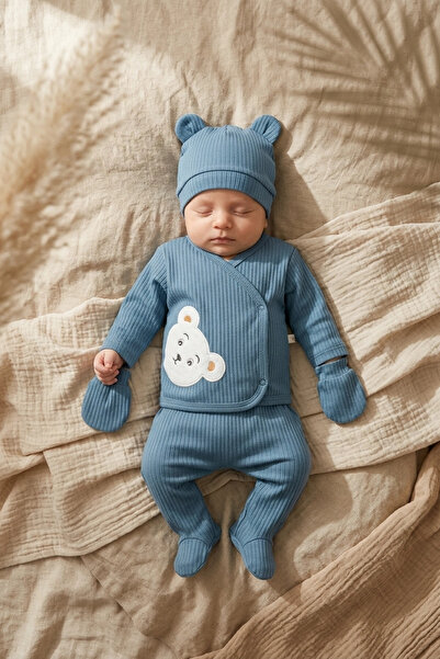 Babydonat Sage Navy Blue Teddy Bear Embroidered Baby Boy Ribbed Cotton 5-Piec...