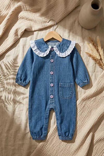 Babydonat Kız Bebek Vintage Dantel Yaka Pamuklu Kot Tulum - Şık İşlemeli Bebe Yaka Denim Bebek Giyim