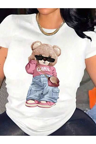 23ERVA 1pc Women's Clothing Bear Print White TShirt,White Top, Graphic Tees W...
